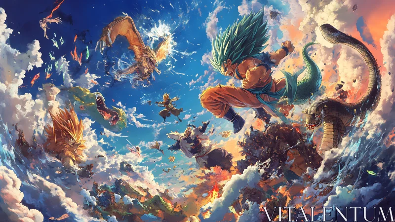 Sky warriors leap into a roaring, colorful elemental battle