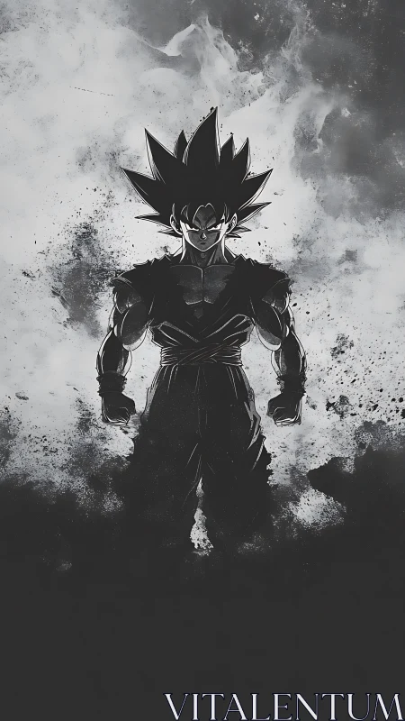 Silhouetted warrior stands in swirling monochrome power haze