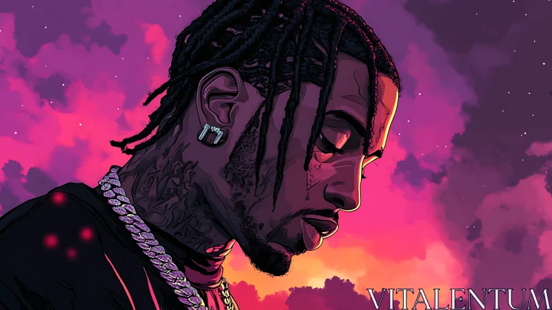 Profile portrait of braided man against neon-gradient sunset sky