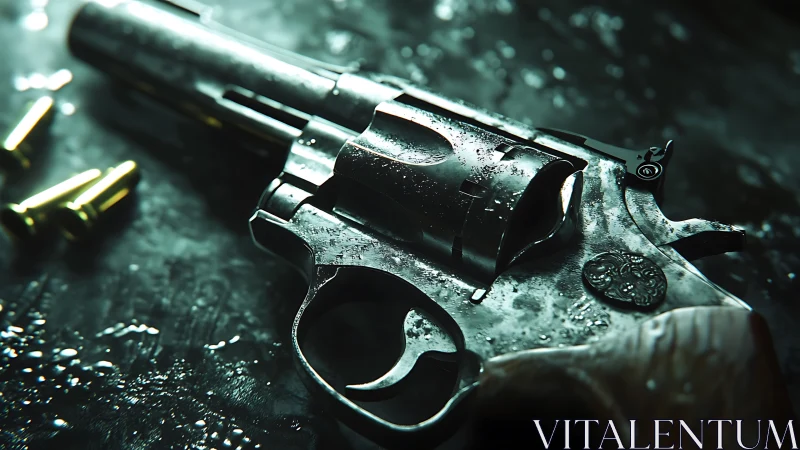 Wet metal revolver on dark reflective surface close-up.