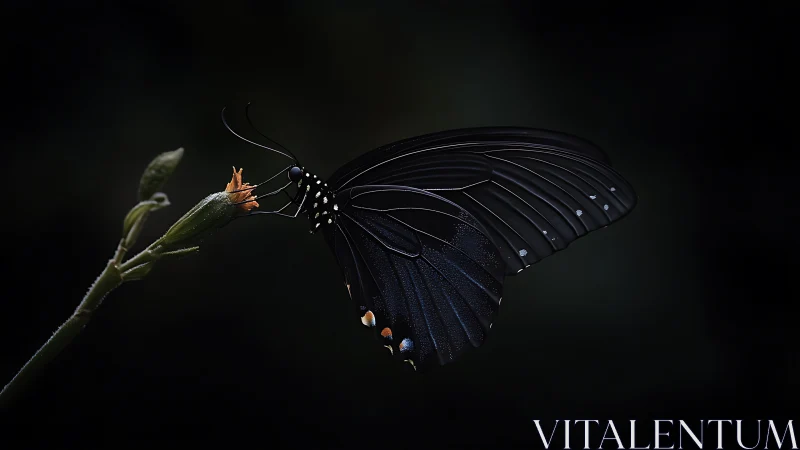 Midnight-winged butterfly sipping starlight from a bud.