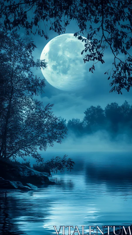 Moonlit lakeshore dream wrapped in misty blue calm.