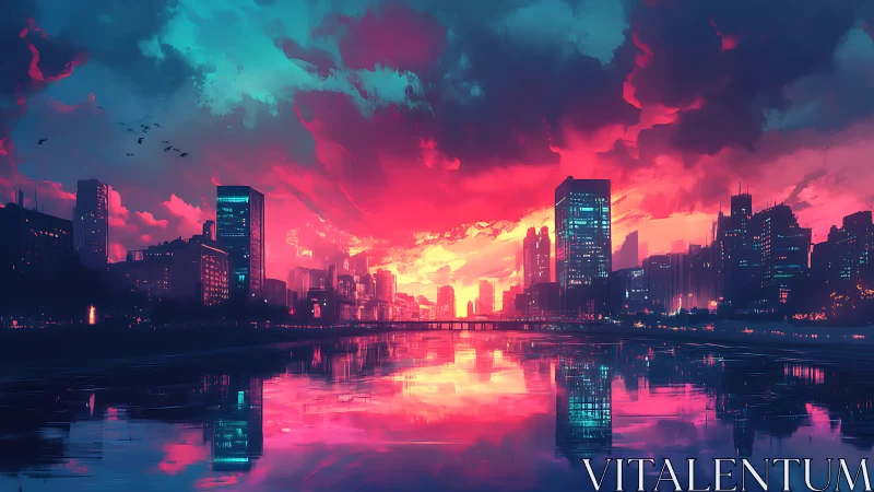 Neon city skyline glowing under a dreamy sunset sky.