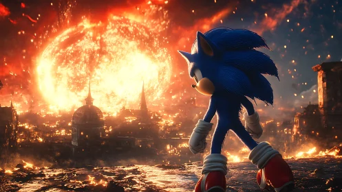 Heroic blue hedgehog stands firm before a blazing ruined city