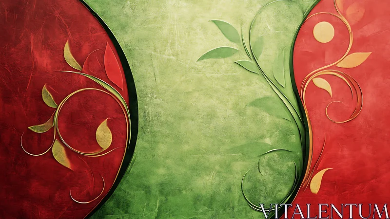 Curved red green split canvas with embossed metallic floral vectors