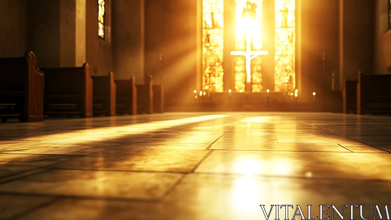 Golden light pours across a tranquil church interior floor.