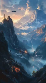 Futuristic starships descend into a dramatic mountain valley.