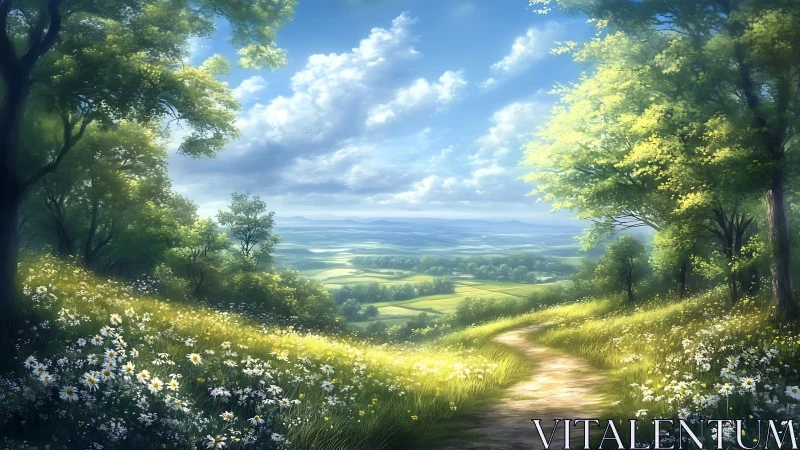 Sunlit country path gently opens onto a peaceful valley