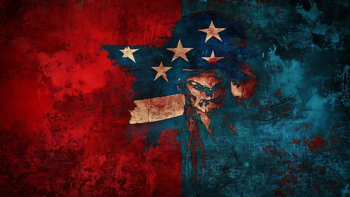 Skull silhouette divides textured red and blue grunge field