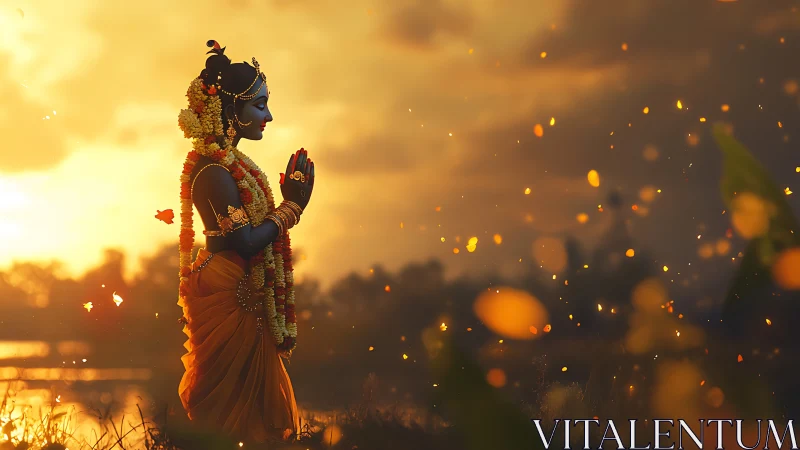 Krishna-inspired figure prays in glowing sunset embers