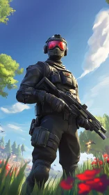 Tactical soldier stands guard under bright summer sky.