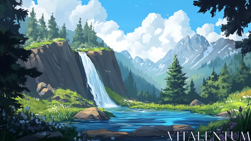 Mountain waterfall and forest river under bright blue sky.