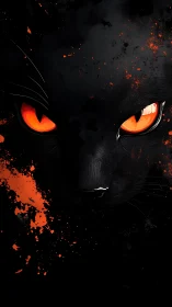 Black feline portrait with incandescent eyes and splatter abstraction