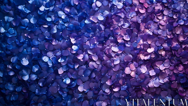 Violet hydrangea petal field under soft studio light.