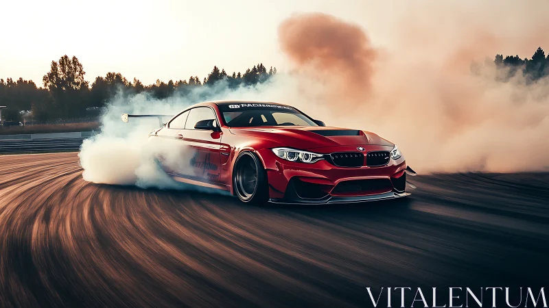 Red BMW drift car slides through corner with dense tire smoke