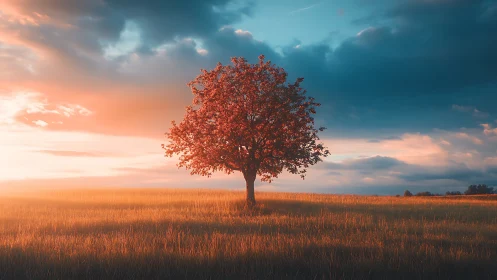 Lone Tree in Golden Field at Sunset, Dramatic Landscape Style.