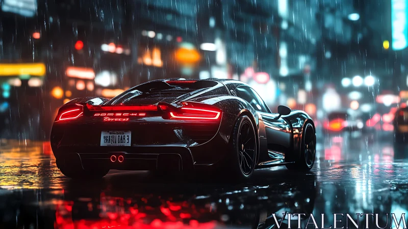 Porsche supercar in neon city rain with vivid reflections.