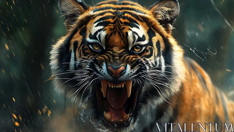 Roaring tiger portrait with dynamic rain and sparks detail.