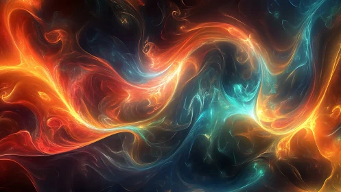 Abstract luminous fluid waves in red, blue and orange field.