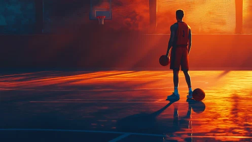Evening practice glows around a lone focused basketball player