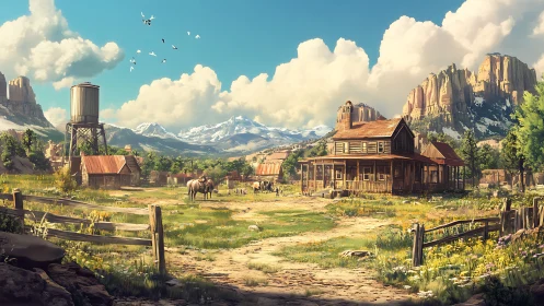 Western ranch homestead under vast clouds and mountains.