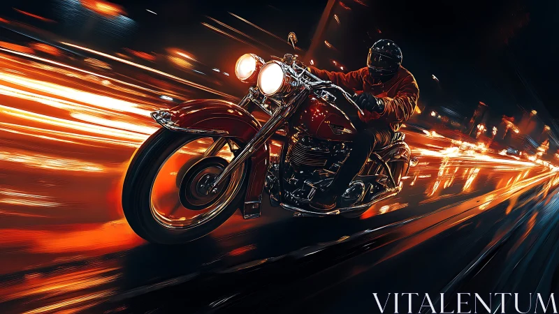 Digital painting of night rider on neon-lit highway in motion blur.
