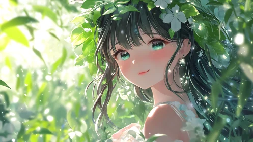 Green haired anime girl in bright forest foliage portrait.