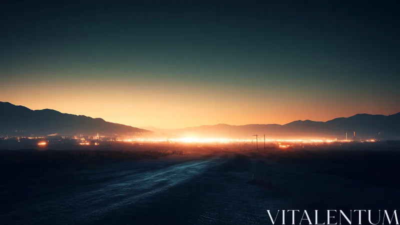 Desert road to ember-bright city at electric twilight.