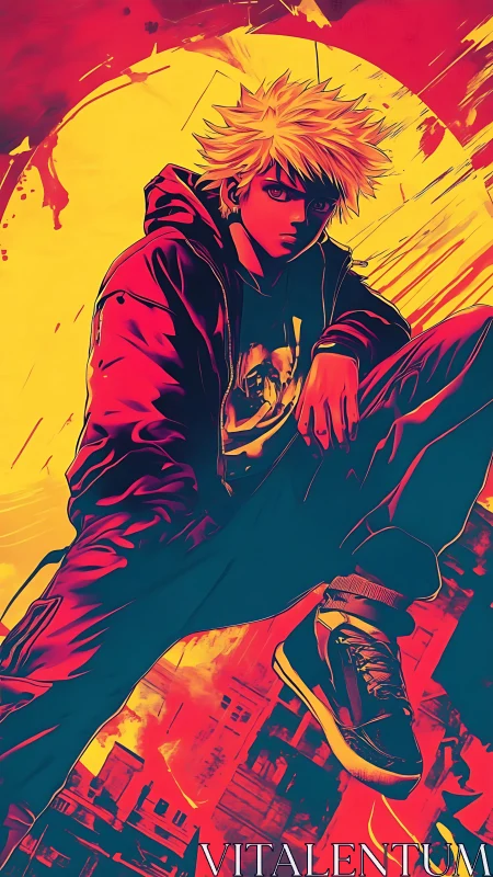 Urban anime youth crouches against neon sunset vortex