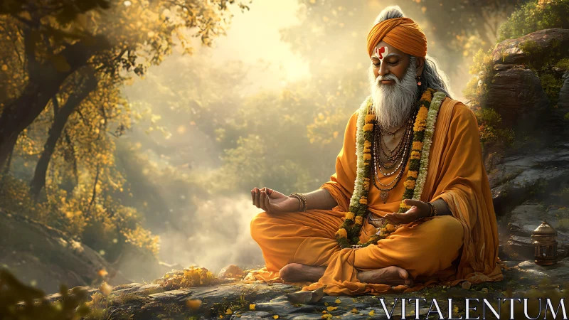 Digital painting of meditative sage in luminous forest setting.