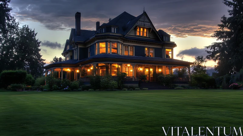 Large Victorian mansion with warm lights at dusk.