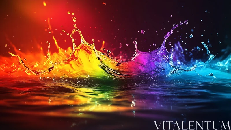 Prismatic water splash arcs across dark reflective surface.