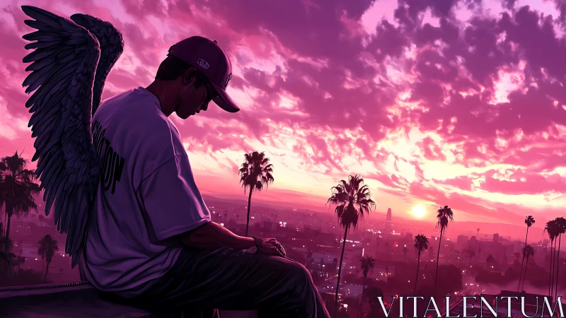 Winged urban loner watches neon sunset above city