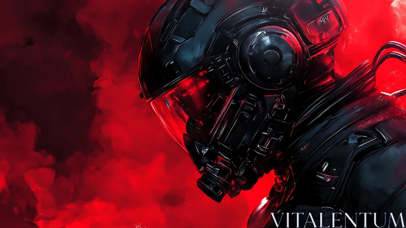 Bold sci fi soldier in black armor walks through red smoke