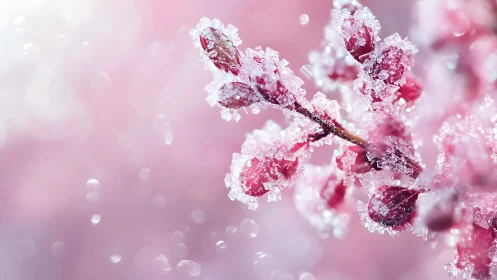Frost-covered pink flower buds on crystalline branches.