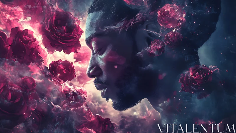 Digital male profile merged with floating roses in nebula field.