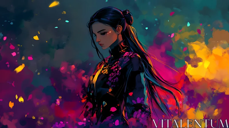 Melancholic woman in dark attire amid high-saturation bokeh clouds