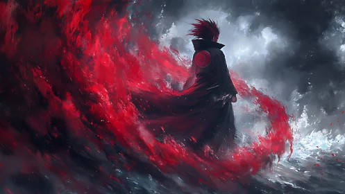 Red energy vortex surrounding cloaked warrior in storm landscape