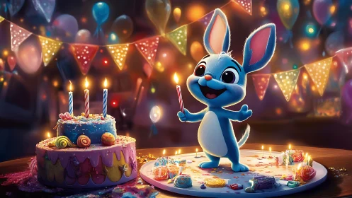 Joyful Blue Bunny Celebrates Birthday with Festive Cake and Lights