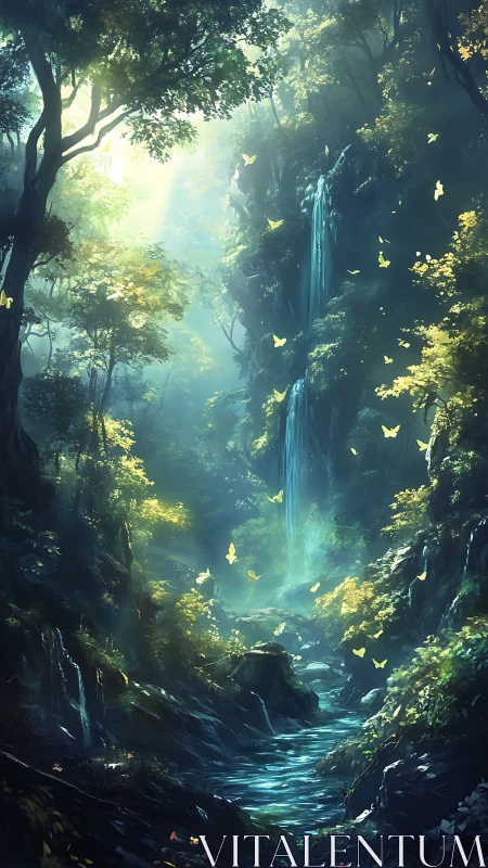 Forest Canyon with Waterfall and Butterfly Swarm