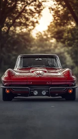 Classic red sports coupe on tree lined road at sunset.