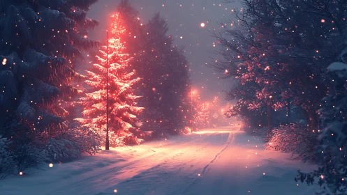 Photorealistic winter avenue with luminous crimson pines.