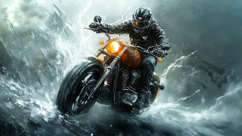 Motorcyclist traversing storm surge with dynamic fluid simulation.