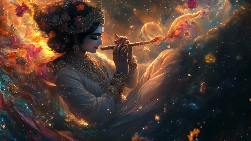 Starlit deity weaving galaxies with a jeweled flute song.