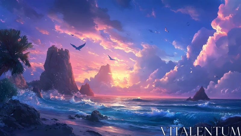 Skyfire surf and violet cliffs at enchanted island dusk.