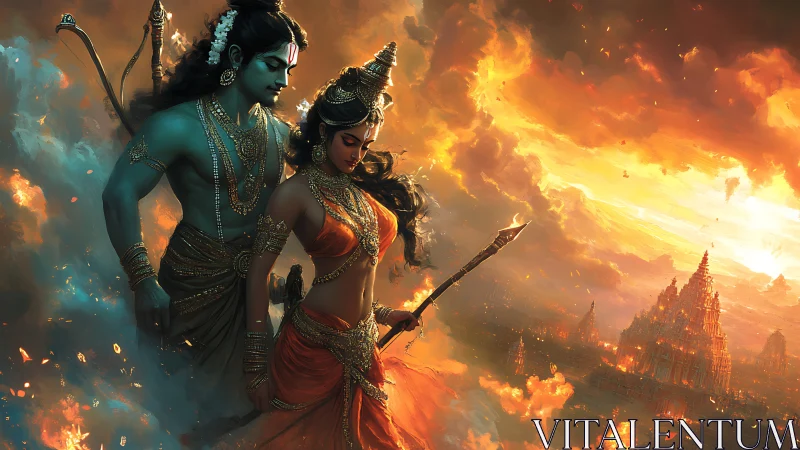 Divine warrior couple stride through blazing celestial skies