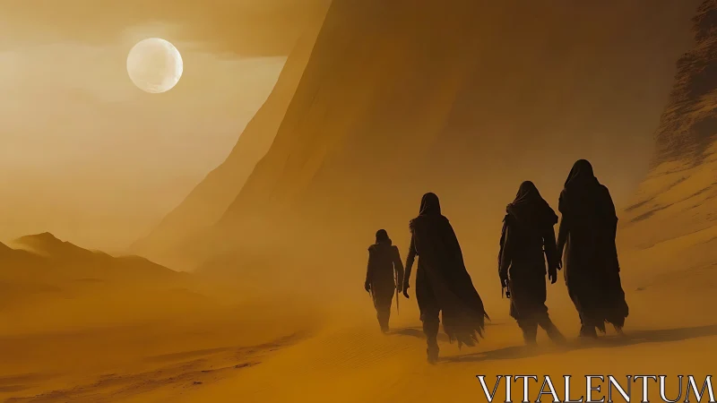 Moonlit wanderers cross the ember-gold desert hush.
