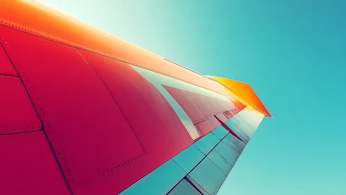 Vibrant airplane wing rises into a clear cyan sky