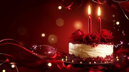 Elegant Red Velvet Cake with Candles and Rose Accents Against Warm Bokeh.