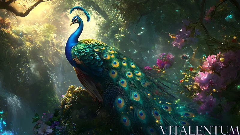 Radiant peacock rendered in luminous fantasy forest lighting